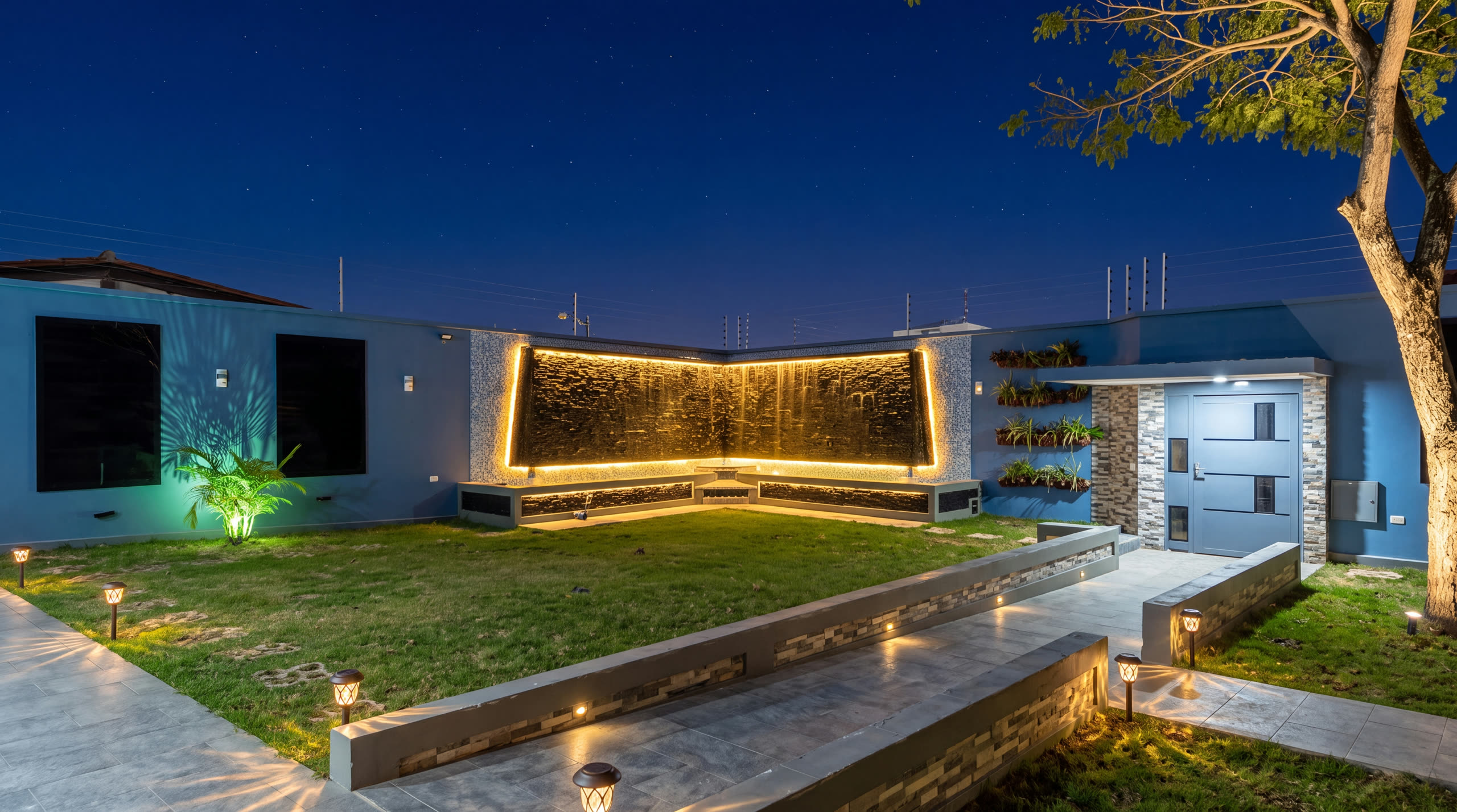Recreación del jardín de noche con iluminación paisajista