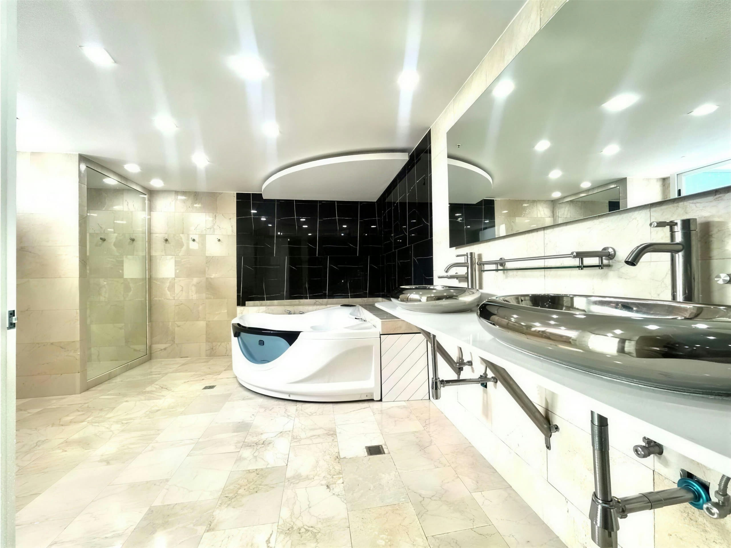 Baño spa con jacuzzi moderno y mesón de doble lavamanos